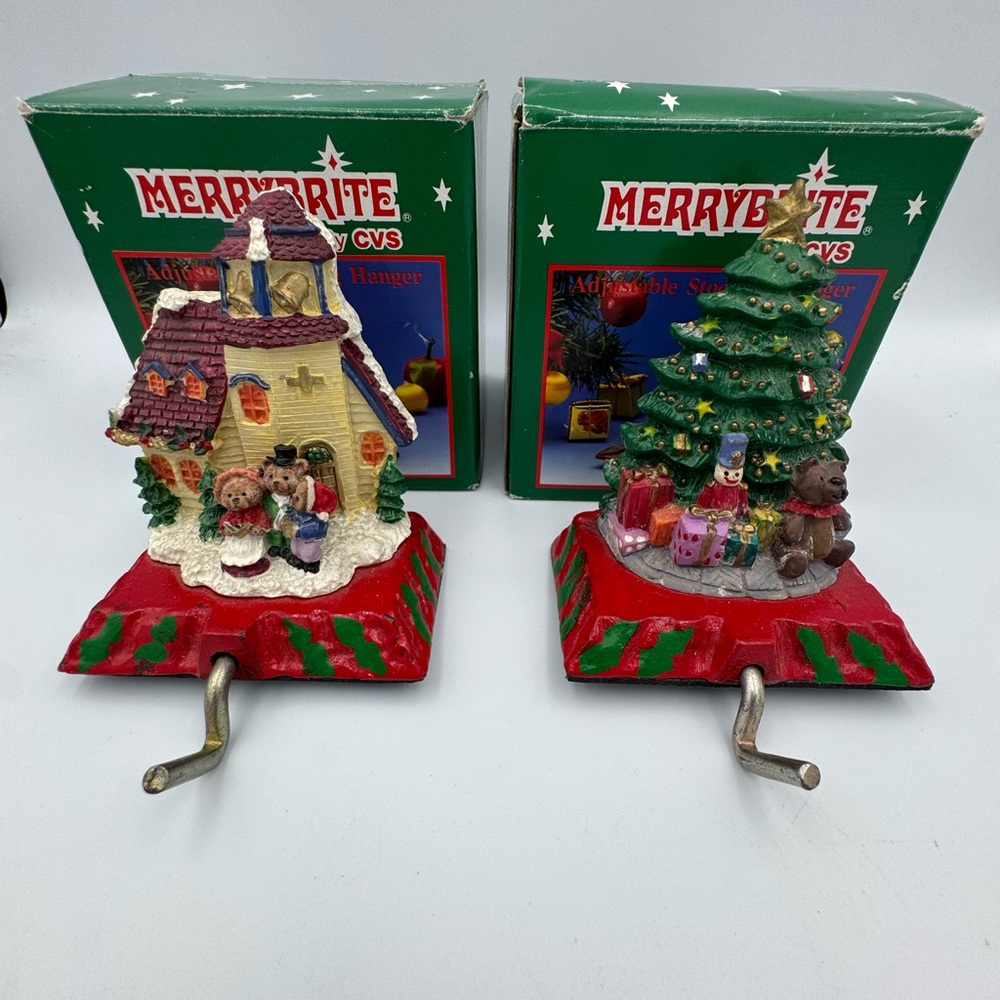 Vintage Christmas Stocking Holder Tree & Church‎ Teddy Bear Mantel Hangers LOT